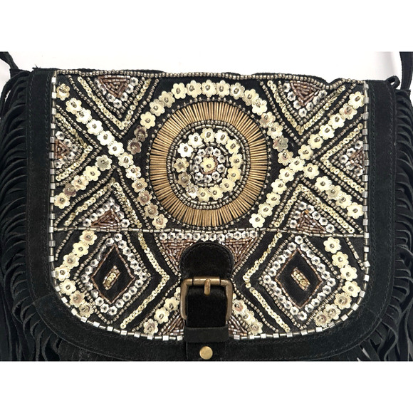 Big Buddha Shoulder Crossbody Bag Black Suede Fringe Gold Beaded Bohemian - NWT - Picture 4 of 14